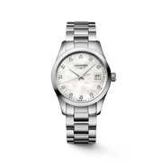 Quadrante madreperla bianca con 11 indici di diamanti Top Wesselton VS-SI incastonati e lancette argentate lucide dell'orologio Longines Conquest Classic al quarzo